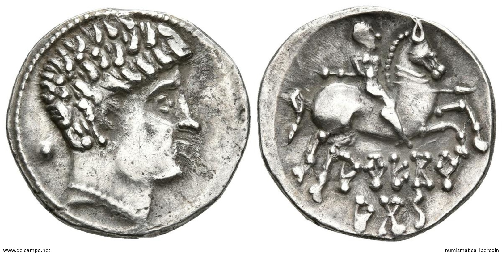 ARECORATAS. Denario. 150-20 A.C. Agreda (Soria). A/ Cabeza Masculina A Derecha, Detrás Glóbulo. R/ Jinete Con Lanza A De - Celtas