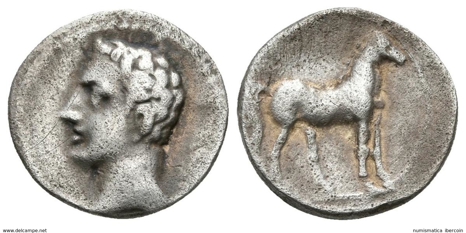 CARTAGONOVA. 1/4 Shekel. 220-205 A.C. Cartagena (Murcia). A/ Cabeza Masculina A Izquierda. R/ Caballo Parado A Derecha.  - Celtas