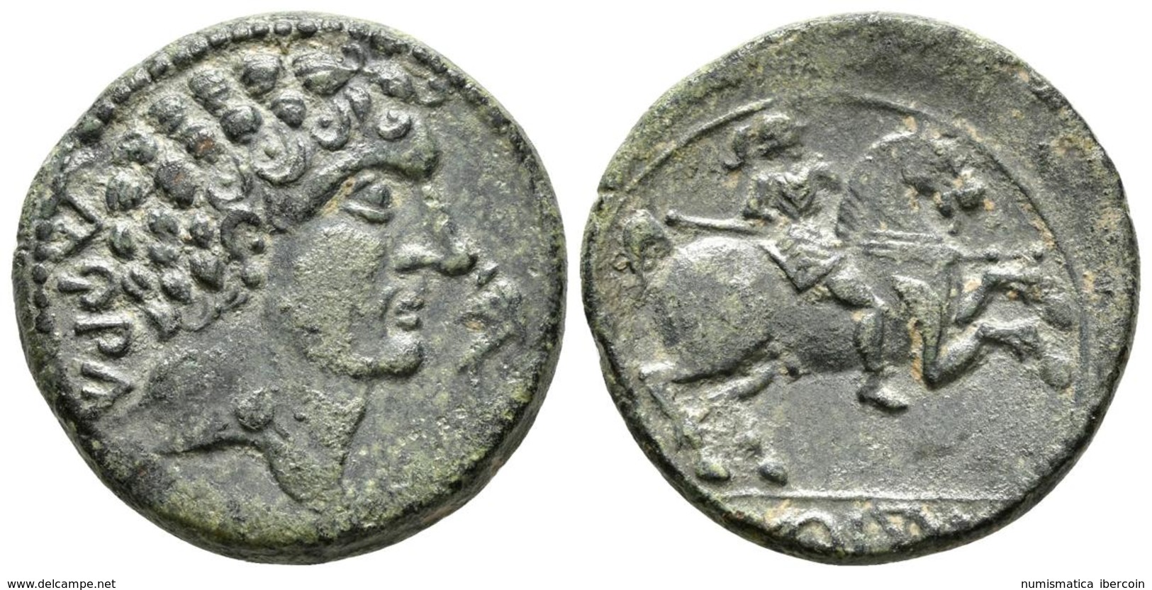 CONTERBIA CARBICA. As. 120-80 A.C. Huete (Cuenca). A/ Cabeza Masculina A Derecha, Delante Delfín, Detrás CaRBiCa. R/ Jin - Celtas