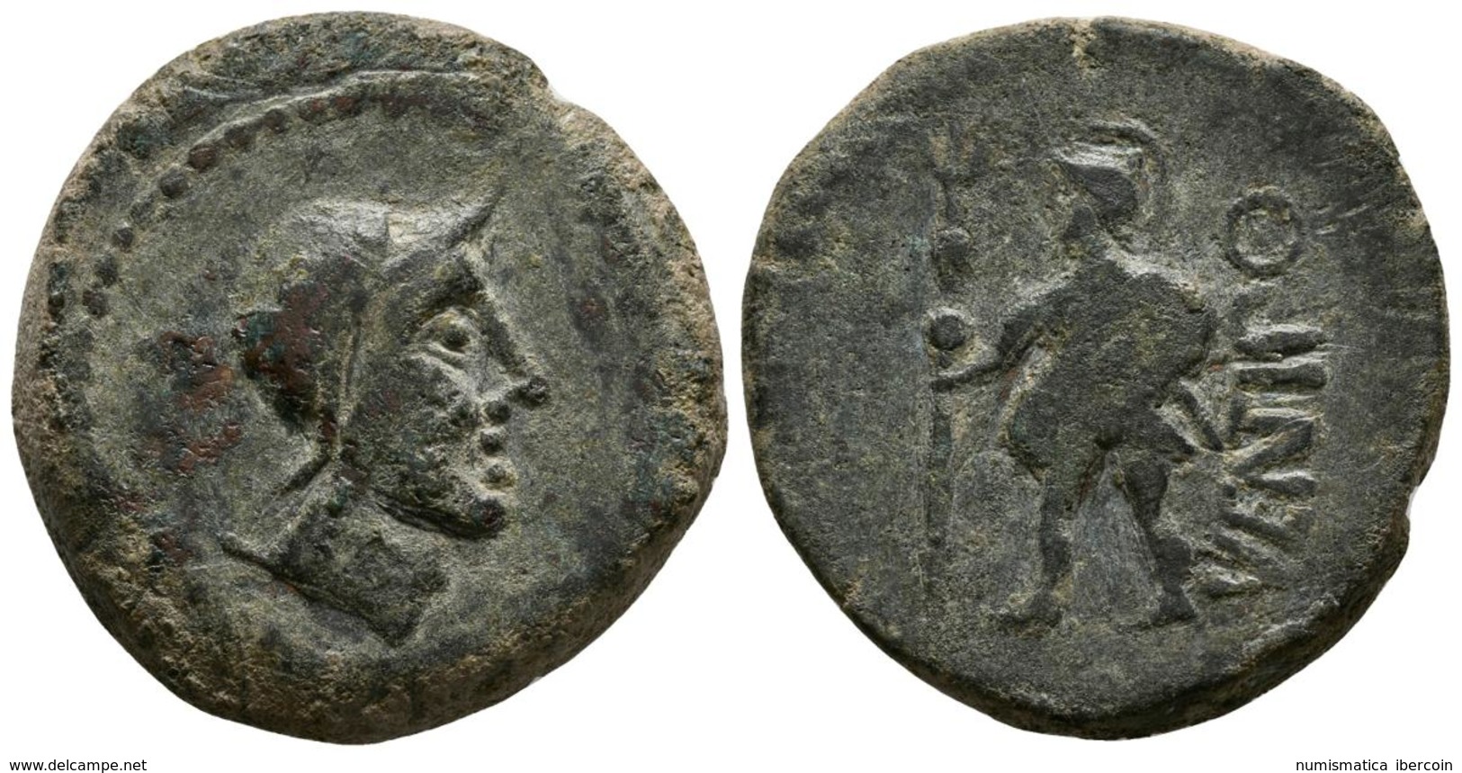 VENTIPO. As. 150-50 A.C. Casariche (Sevilla). A/ Cabeza Con Casco A Derecha. R/ Soldado Con Escudo Y Lanza A Izquierda,  - Celtas