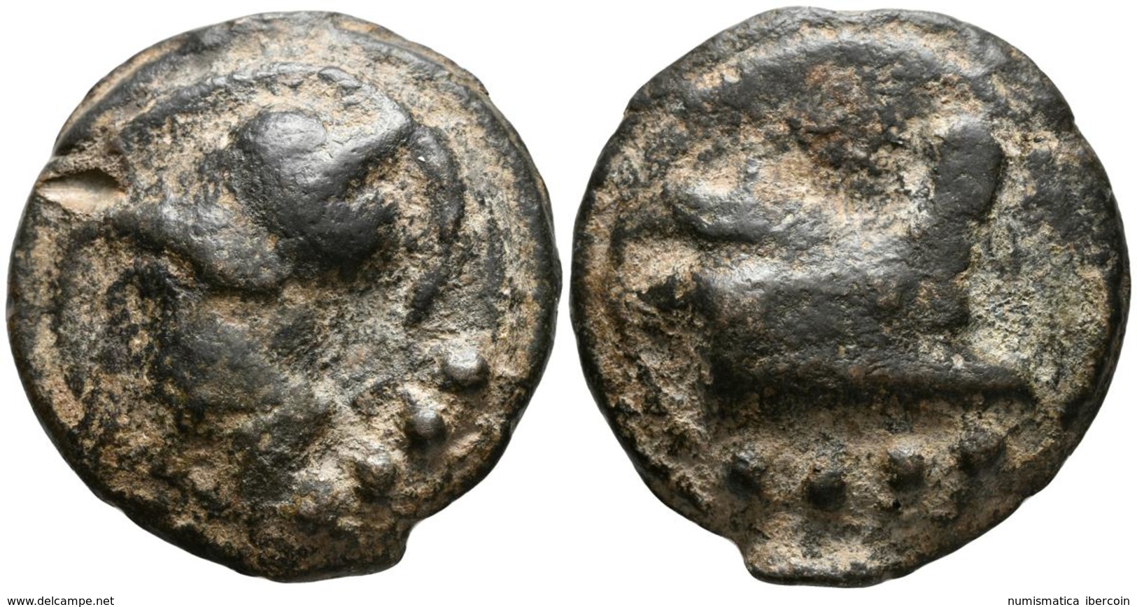 ACUÑACIONES ANONIMAS. Aes Grave. Triens. 225-217 A.C. Roma. A/ Cabeza De Marte-Minerva A Izquierda, Detrás Cuatro Puntos - República (-280 / -27)