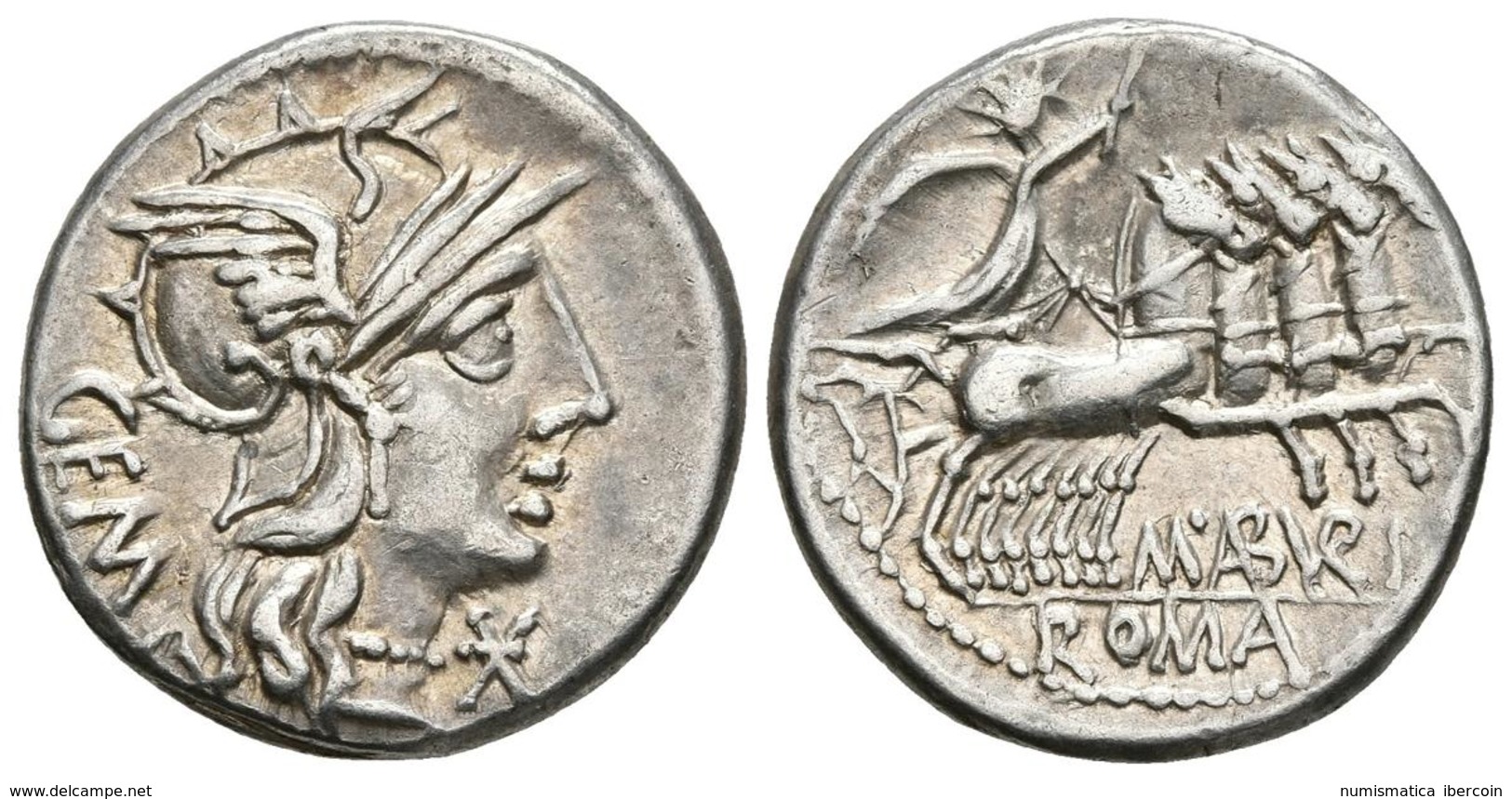 C. ABURIUS M.F. GEMINUS. Denario. 134 A.C. Roma A/ Cabeza De Roma A Derecha, Bajo El Mentón Signo De Valor Y Detrás Leye - Republic (280 BC To 27 BC)