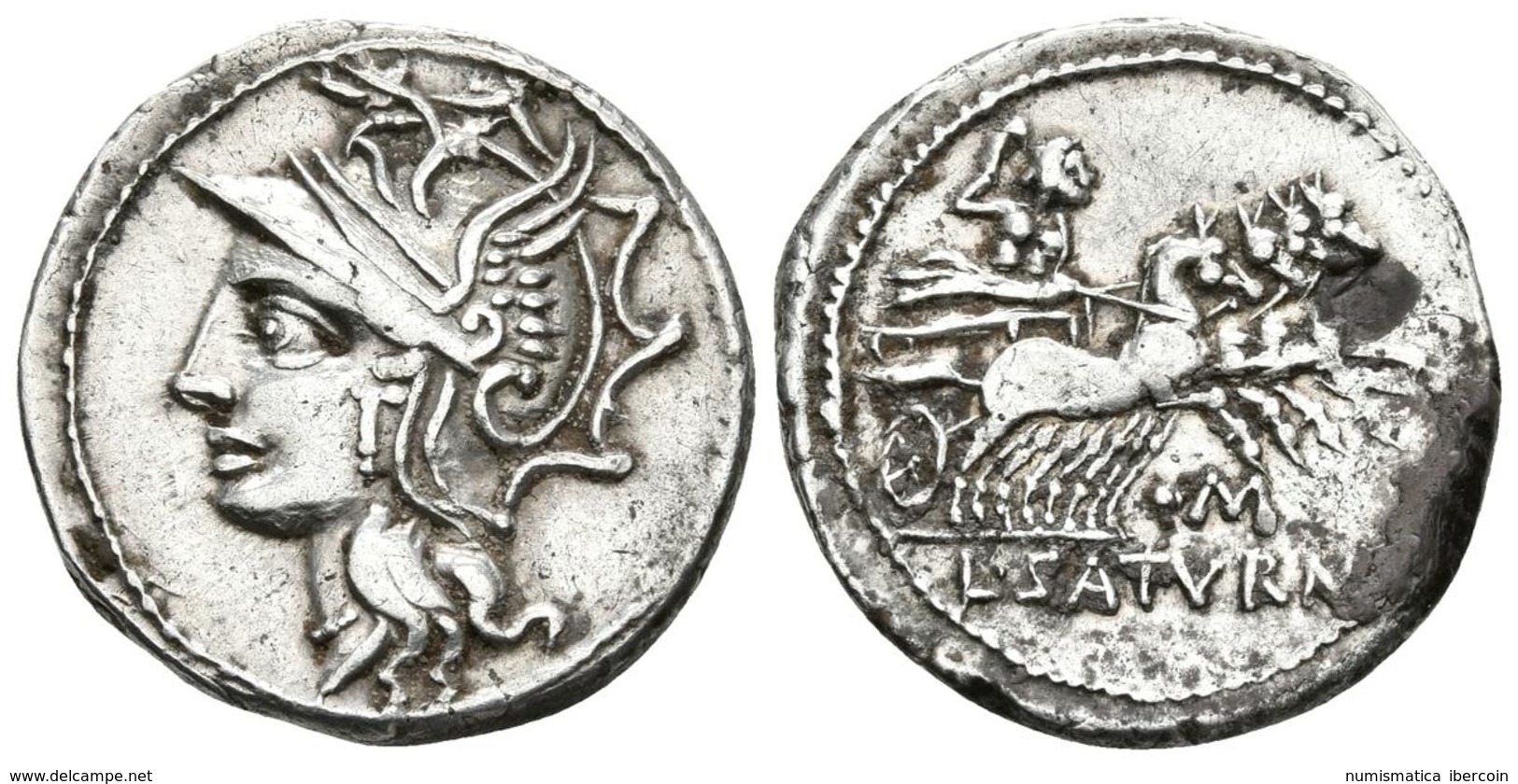 L. APPULEIUS SATURNINUS. Denario. 104 A.C. Roma A/ Cabeza De Roma A Izquierda. R/ Saturno En Cuádriga A Derecha Con Cetr - Repubblica (-280 / -27)