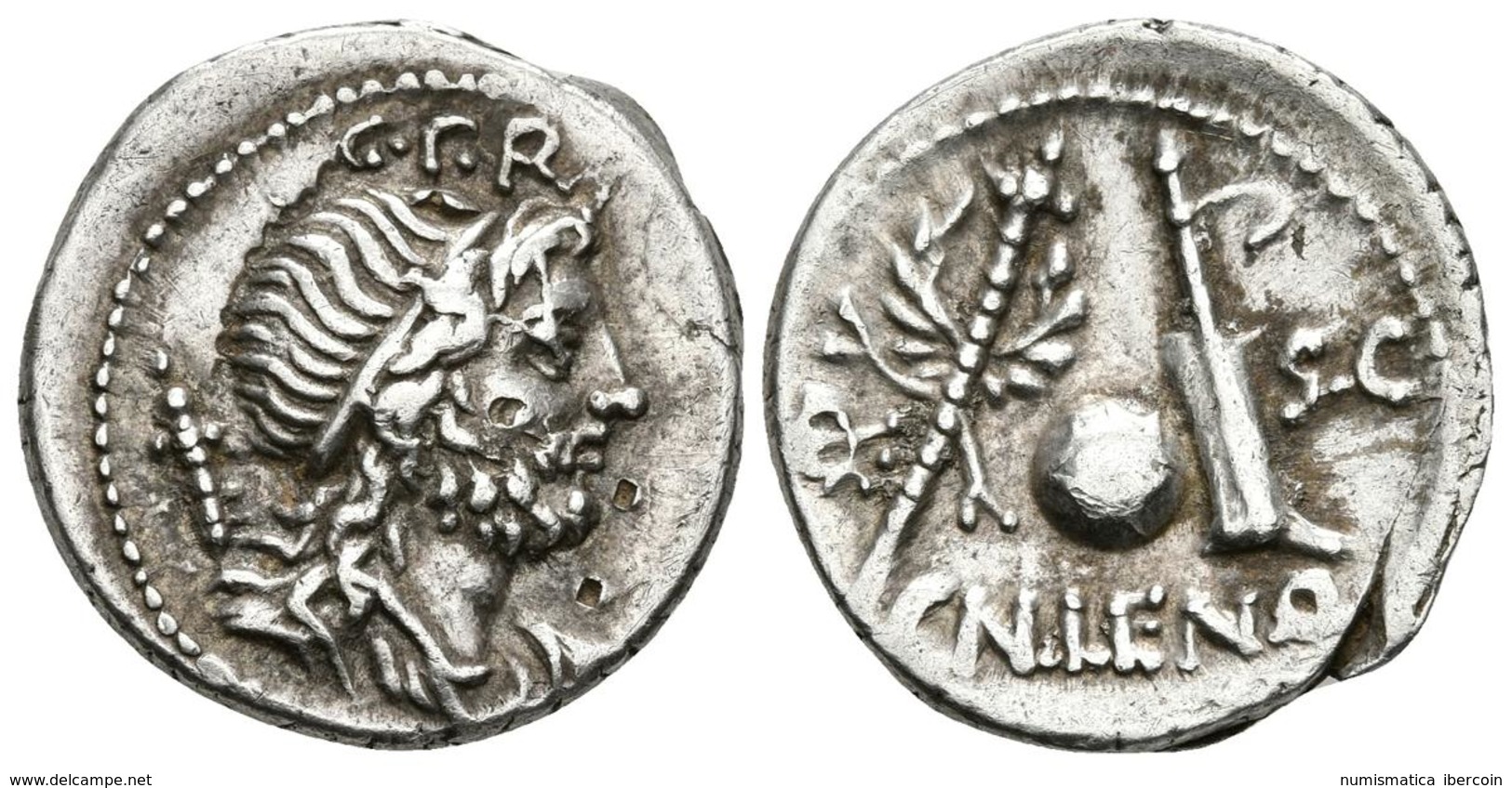 CN. CORNELIUS LENTULUS. Denario. 76-75 A.C. Hispania. A/ Busto Drapeado Con Diadema De Genio Populi Romani A Derecha, De - República (-280 / -27)