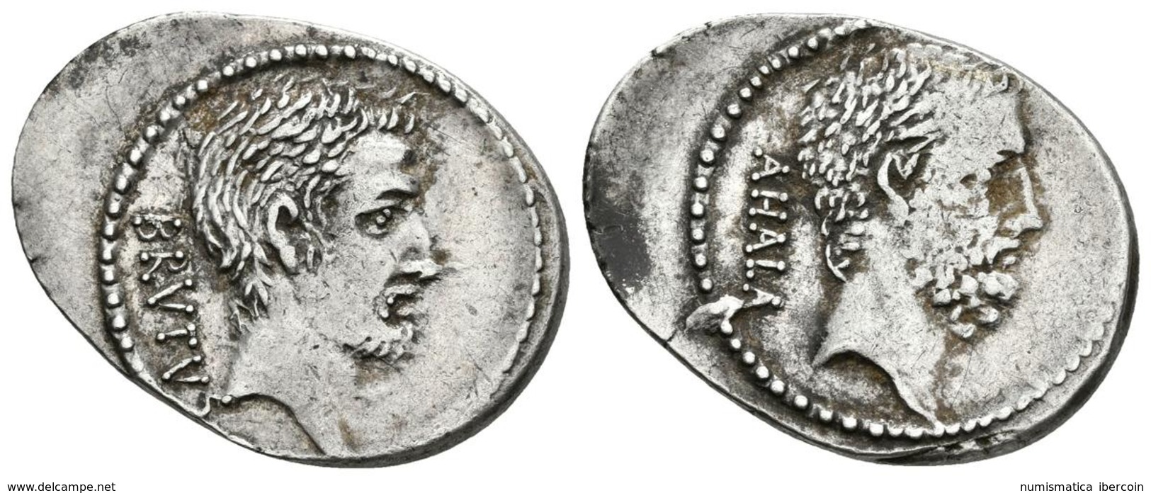 Q. SERVILIUS CAEPIO (M. JUNIUS) BRUTUS. Denario. 54 A.C. Roma. A/ Cabeza De L. Junius Brutus A Derecha, Detras BRVTVS. R - República (-280 / -27)