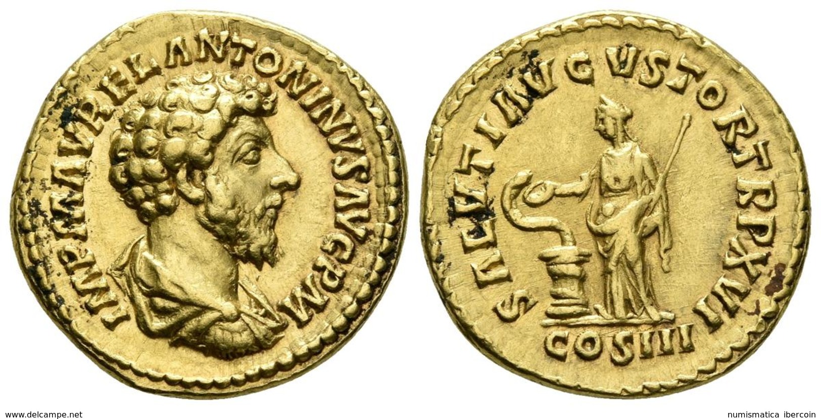 MARCO AURELIO. Aureo. 161-162 D.C. Roma. A/ Cabeza A Derecha, Drapeado Y Con Coraza. IMP M ANTONINVS AVG PM. R/ Salus Es - Otros & Sin Clasificación