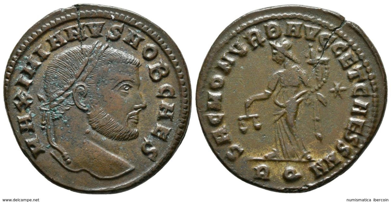 MAXIMIANO. Follis. 300 D.C. Aquileia. A/ Busto Laureado A Derecha. MAXIMIANVS NOB CAES. R/ Moneta Estante A Izquierda Po - Otros & Sin Clasificación