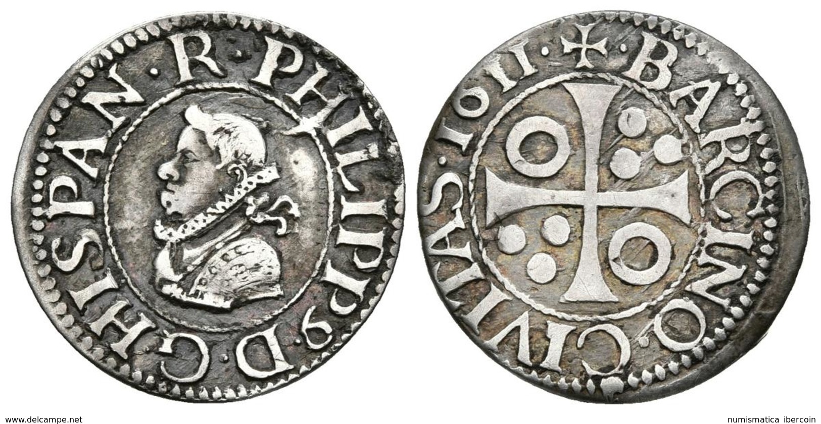 FELIPE III. 1/2 Croat. 1611. Barcelona. Punto Antes De La D Y Fecha Seguida De Cruz Entre Puntos. Cal-534. Ar. 1,46g. MB - Autres & Non Classés