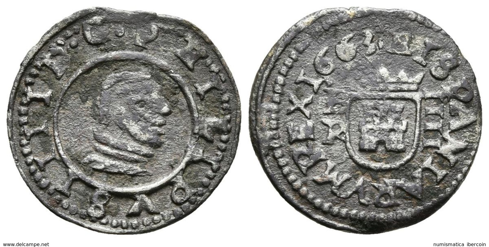 FELIPE IV. 4 Maravedís. 1663. Burgos R. Variante Con PHILIPVS. Cal-1270; J.S. M-No Cita. Ae. 0,99g. MBC-. Muy Rara. - Altri & Non Classificati