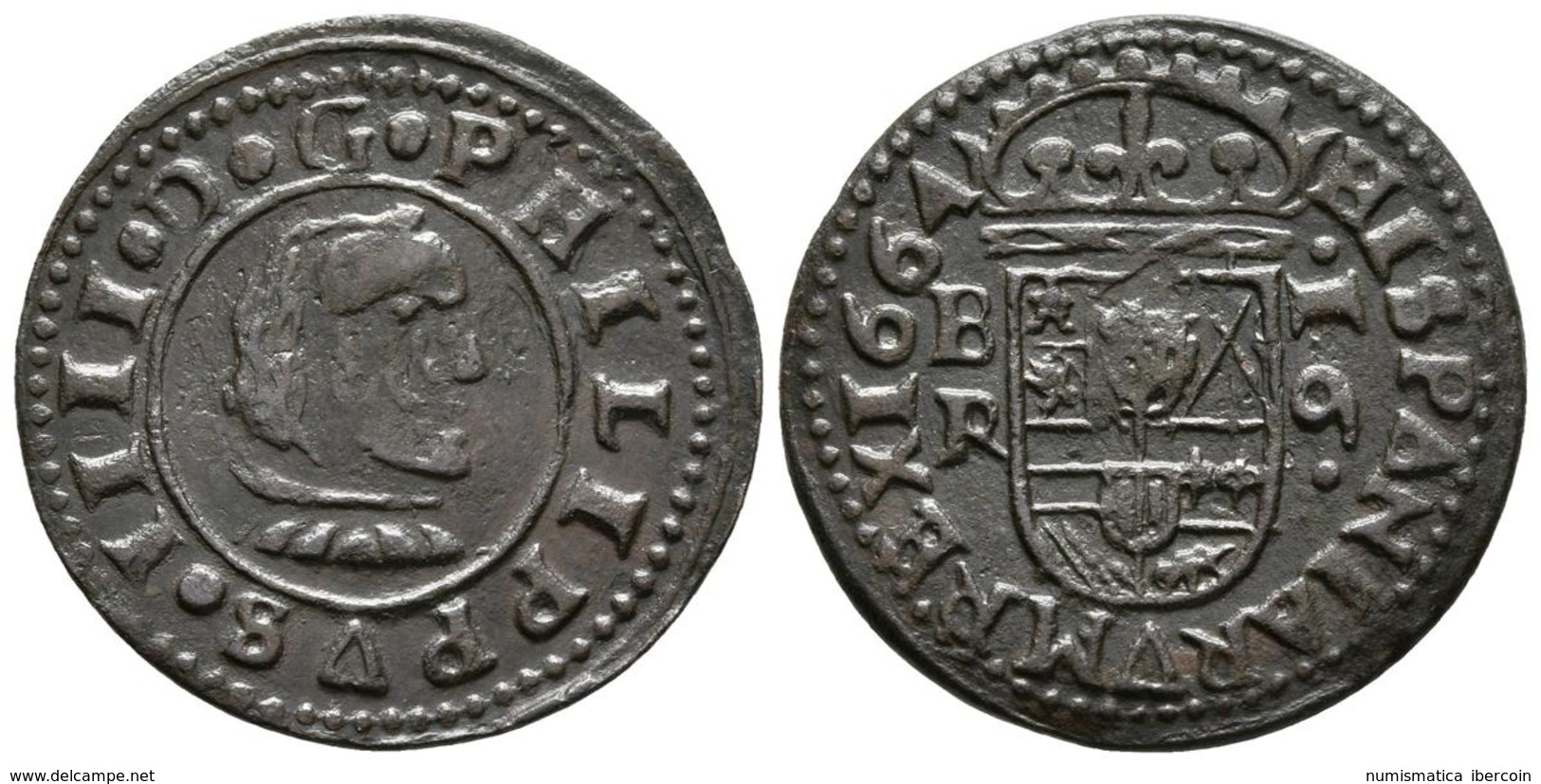 FELIPE IV. 16 Maravedís. 1664. Burgos R. Cal-1250; J.S. M-7 Var. Ae. 3,69g. MBC+. - Altri & Non Classificati
