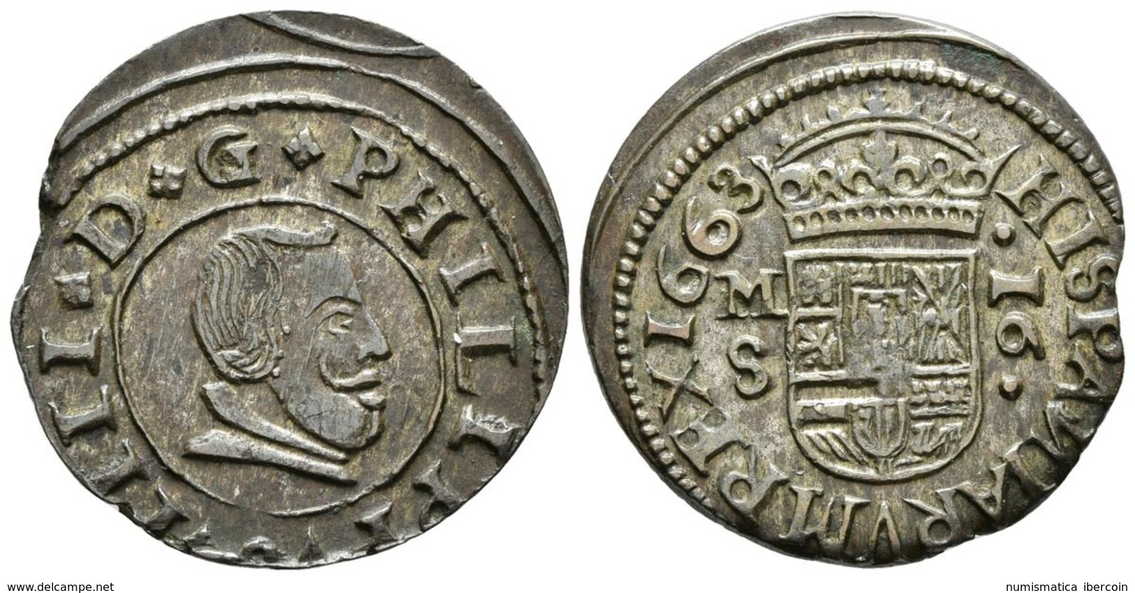 FELIPE IV. 16 Maravedís. 1663. Madrid S. N Invertida En Reverso. Cal-1399; J.S. M-377. Ae. 4,17g. Conserva Parte Del Pla - Other & Unclassified