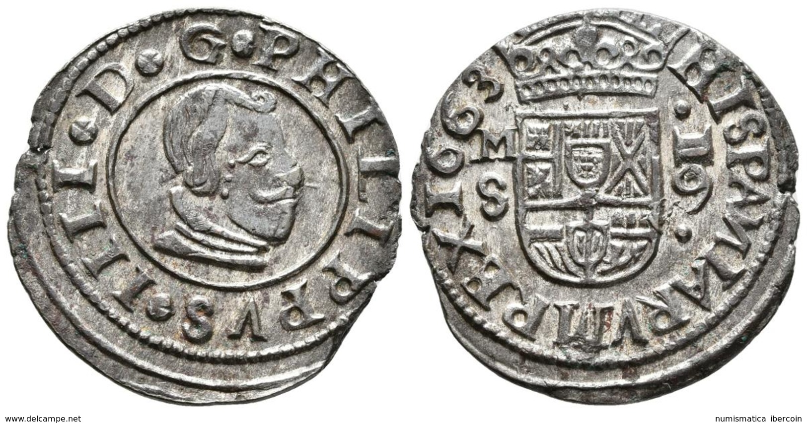 FELIPE IV. 16 Maravedís. 1663. Madrid S. N Invertida En Reverso. Cal-1399; J.S. M-No Cita. Ae. 4,29g. Conserva Todo El P - Other & Unclassified