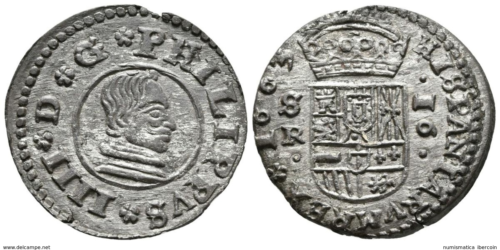 FELIPE IV. 16 Maravedís. 1663. Sevilla R. Cal-1568; J.S. M-613. Ae. 4,23g. Conserva Parte Del Plateado Original. EBC. - Other & Unclassified
