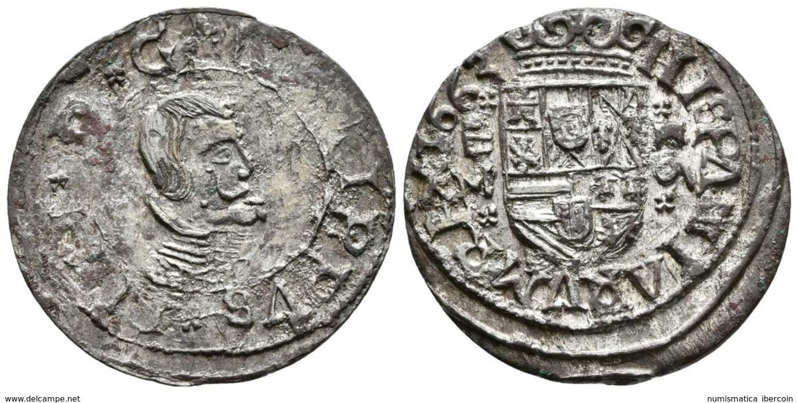 FELIPE IV. 16 Maravedís. 1663. Valladolid M. Jirones Abiertos A Derecha. Las A De HISPANIARVM Son V Invertidas. Cal-1672 - Other & Unclassified