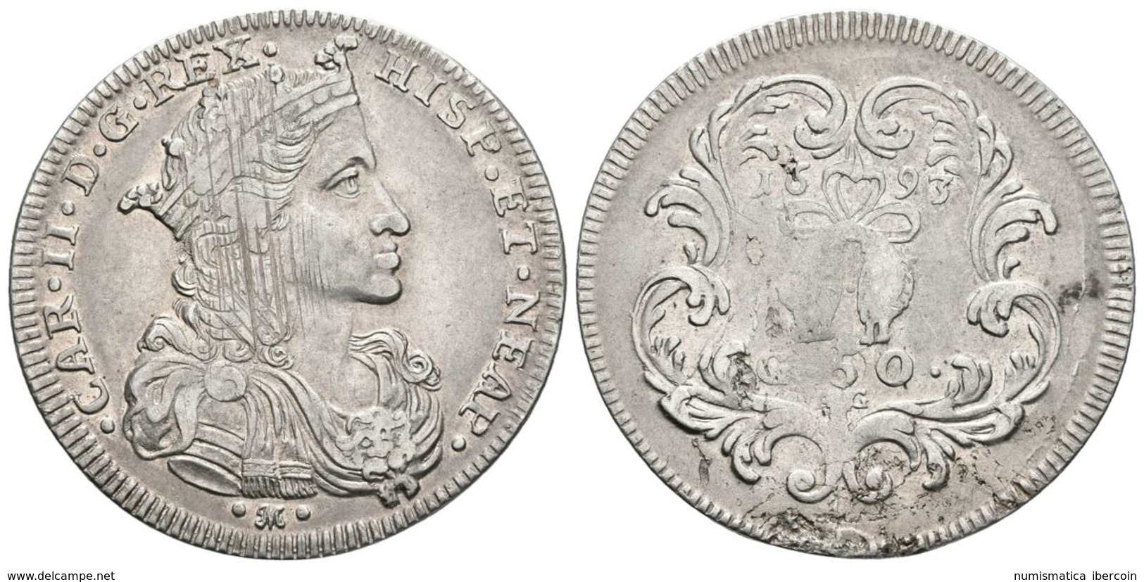 CARLOS II. 1/2 Ducado/50 Grana. 1693. Nápoles AG/A. Vti-188; Mir 297; Pannuti-Riccio 7. Ar. 10,84g. Rayas De Ajuste. MBC - Other & Unclassified