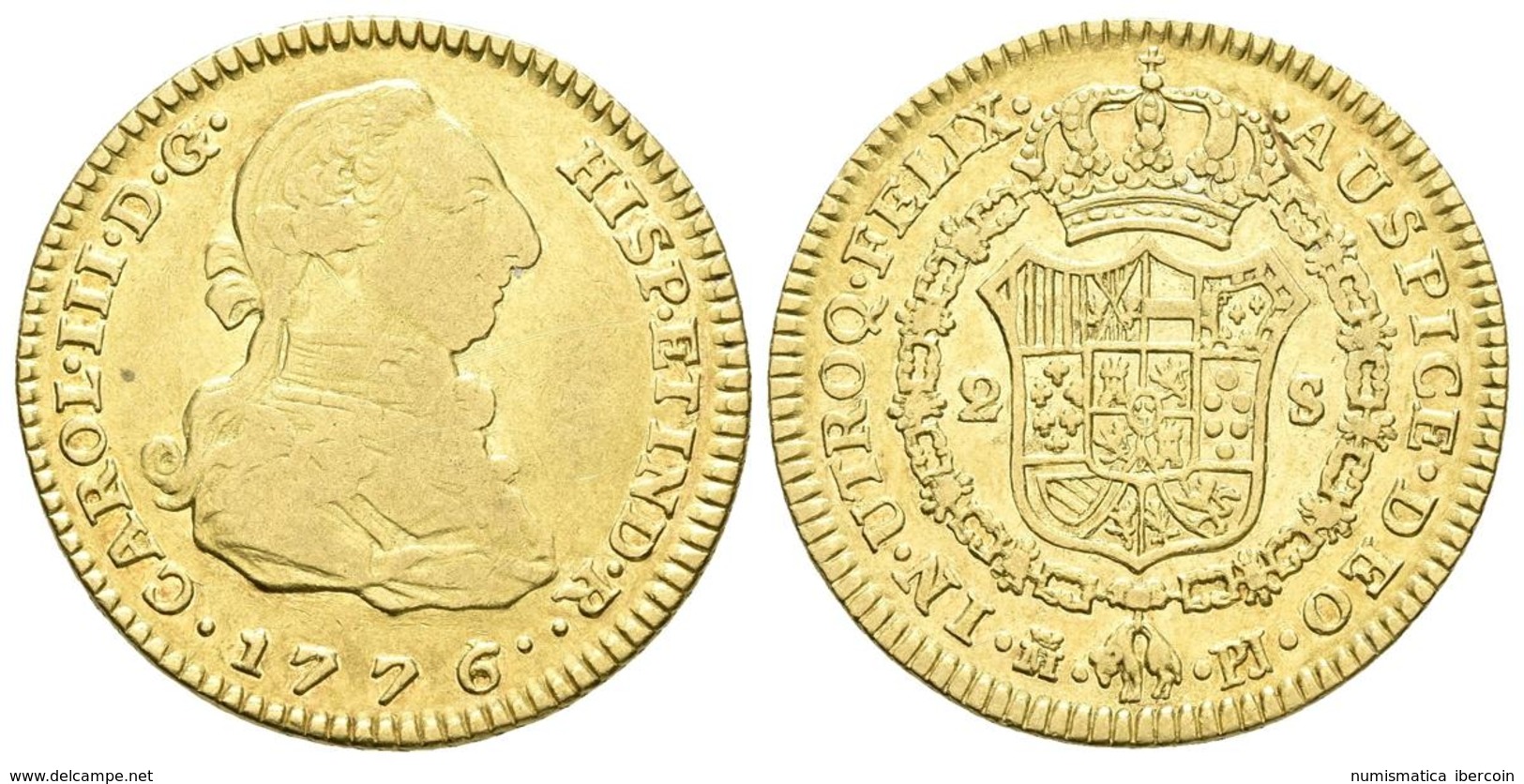 CARLOS III. 2 Escudos. 1776/5. Madrid PJ. Cal-449 Var. Au. 6,66g. BC+/MBC. Rara Rectificación. - Autres & Non Classés