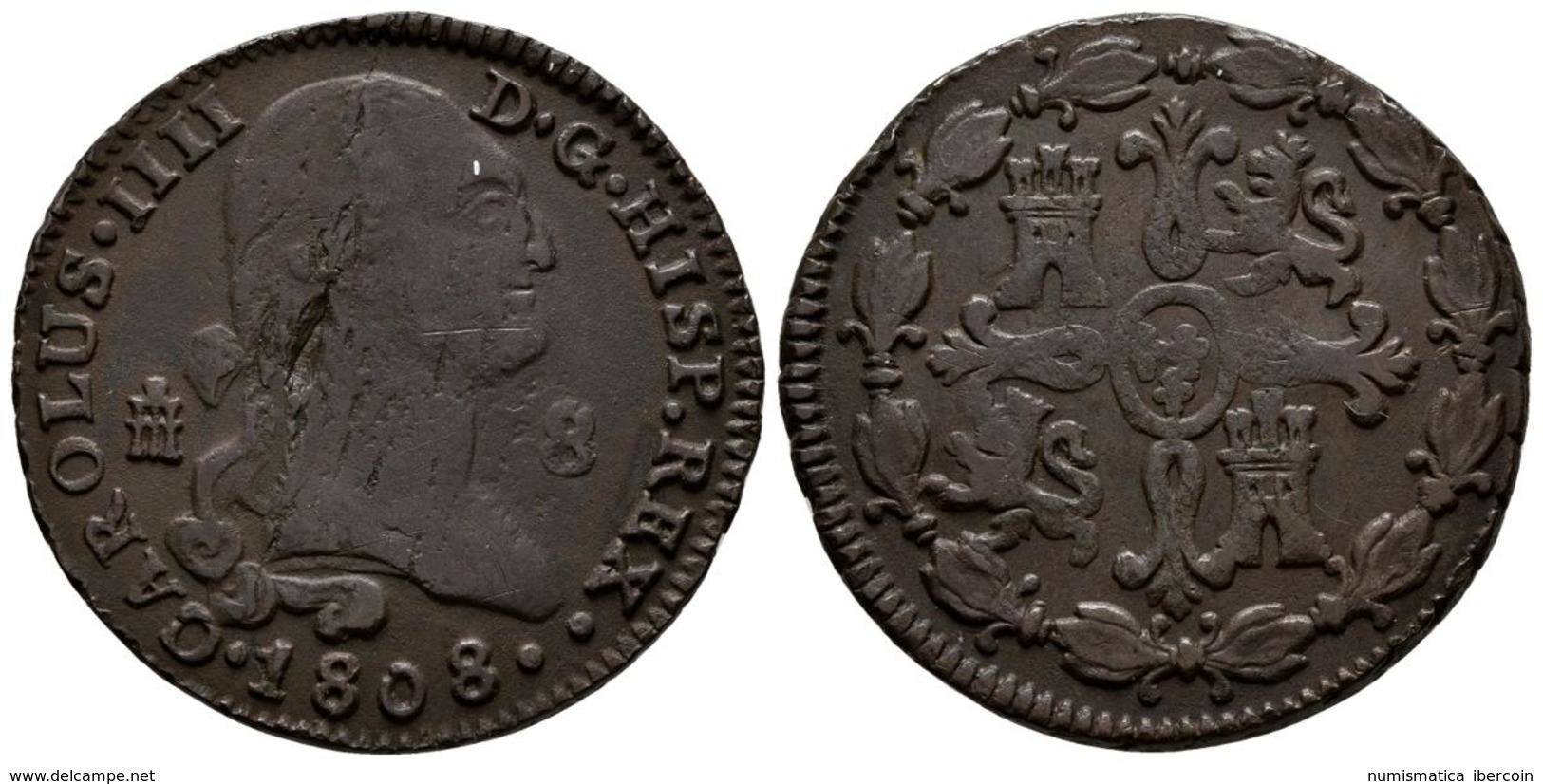 CARLOS IV. 8 Maravedís. 1808. Segovia. Cal-1499. Ae. 11,73g. Hoja En Anverso. MBC+. - Autres & Non Classés