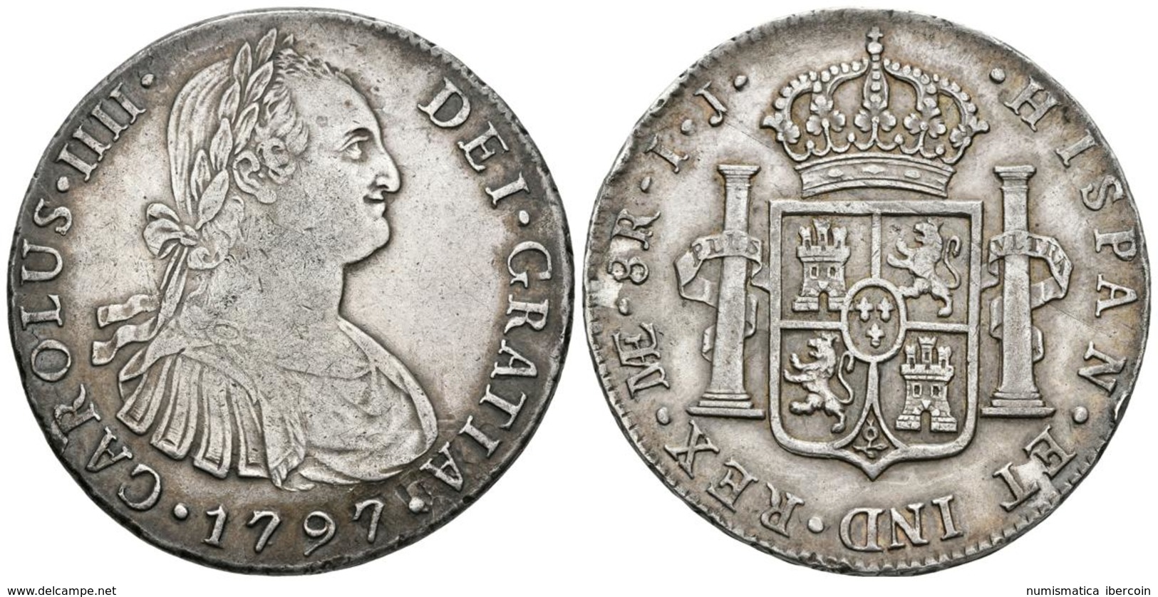 CARLOS IV. 8 Reales. 1797. Lima IJ. Cal-652. Ar. 27,11g. Reacuñada Sobre Otro Real De A 8. Preciosa Pátina. MBC+/EBC-. - Other & Unclassified