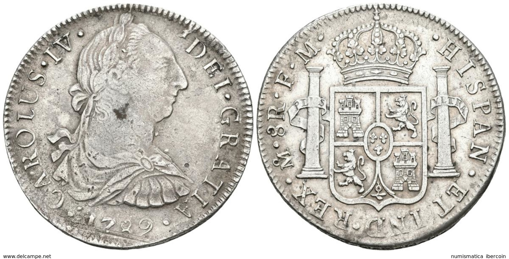 CARLOS IV. 8 Reales. 1789. México FM. Busto De Carlos III Y Ordinal IV. Cal-681. Ar. 26,57g. Doble Acuñación En Parte De - Autres & Non Classés