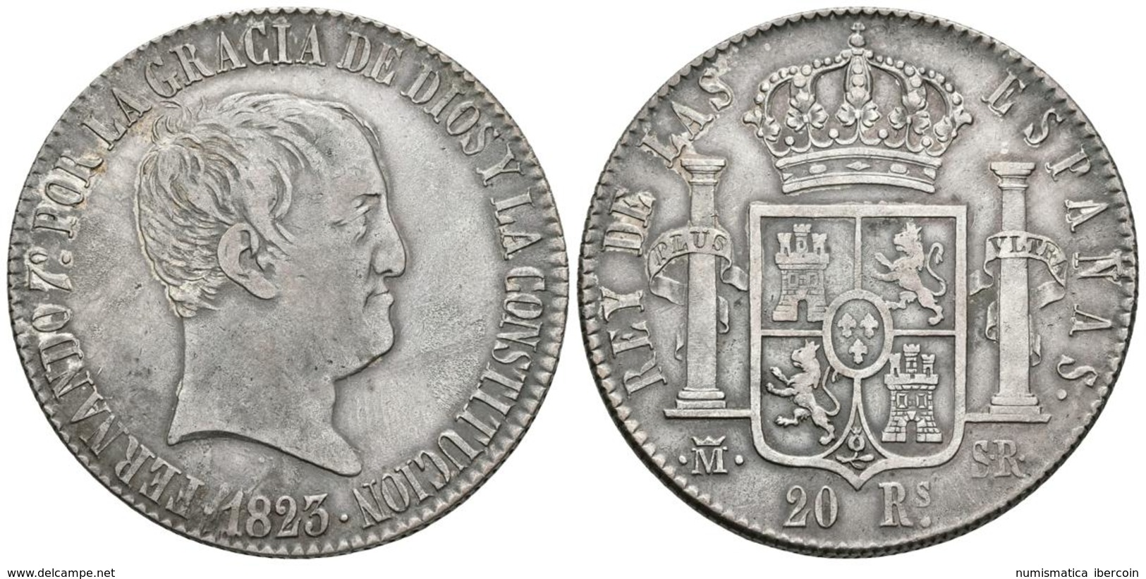 FENANDO VII. 20 Reales. 1823. Madrid SR. Tipo Cabezón. Cal-517. Ar. 26,89g. MBC+. - Otros & Sin Clasificación