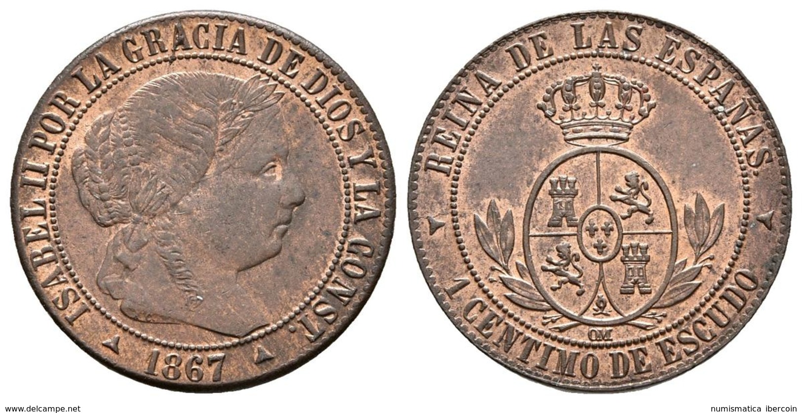 ISABEL II. 1 Céntimo De Escudo. 1867. Segovia OM. Cal-664. Ae. 2,39g. Brillo Original. EBC+. - Otros & Sin Clasificación