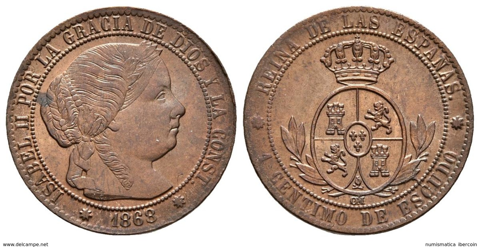 ISABEL II. 1 Céntimo De Escudo. 1868. Barcelona OM. Cal-655. Ae. 2,25g. SC-. - Autres & Non Classés