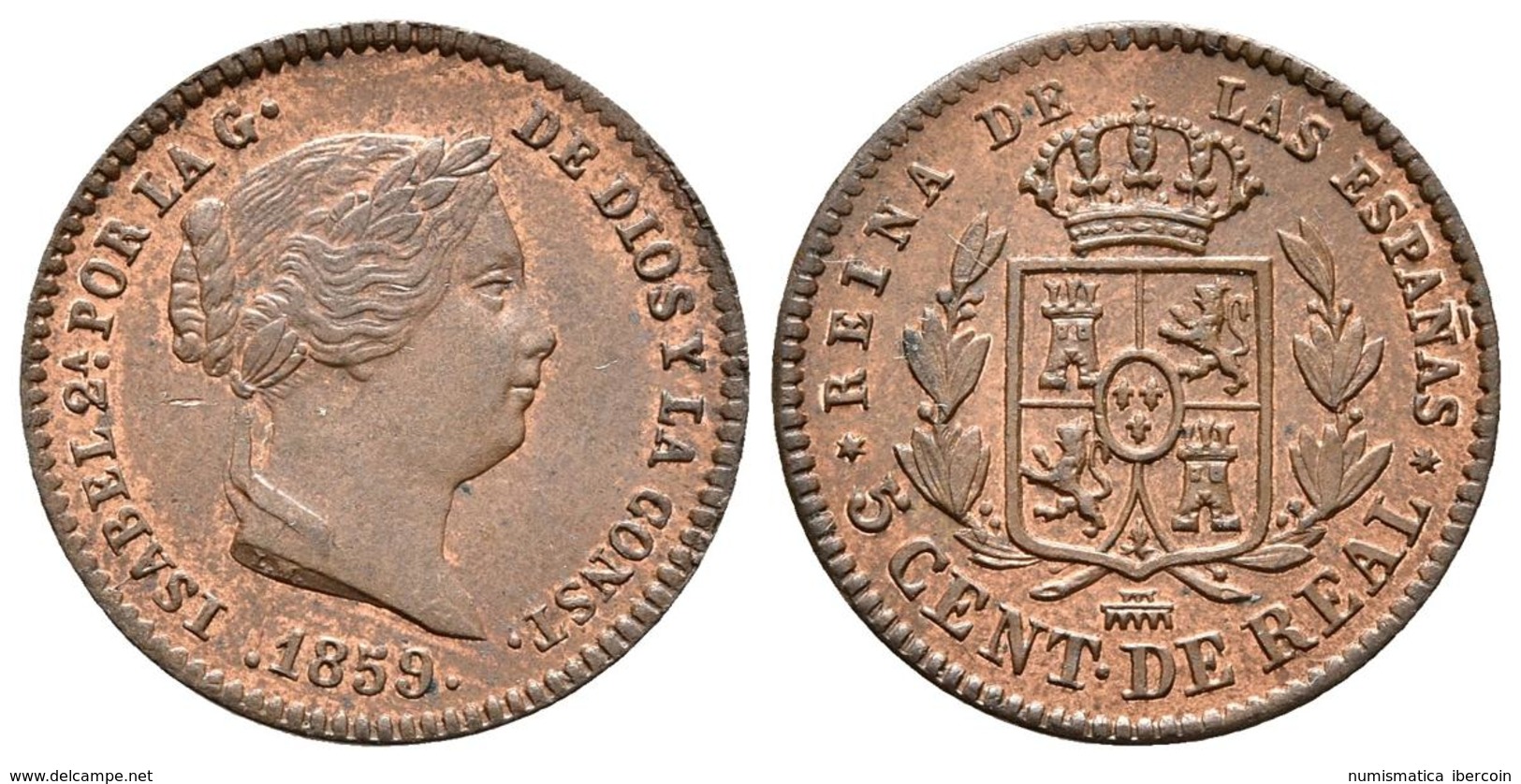 ISABEL II. 5 Céntimos De Real. 1859. Segovia. Cal-616. Ae. 1,86g. Rayita En Anverso. SC-. - Autres & Non Classés