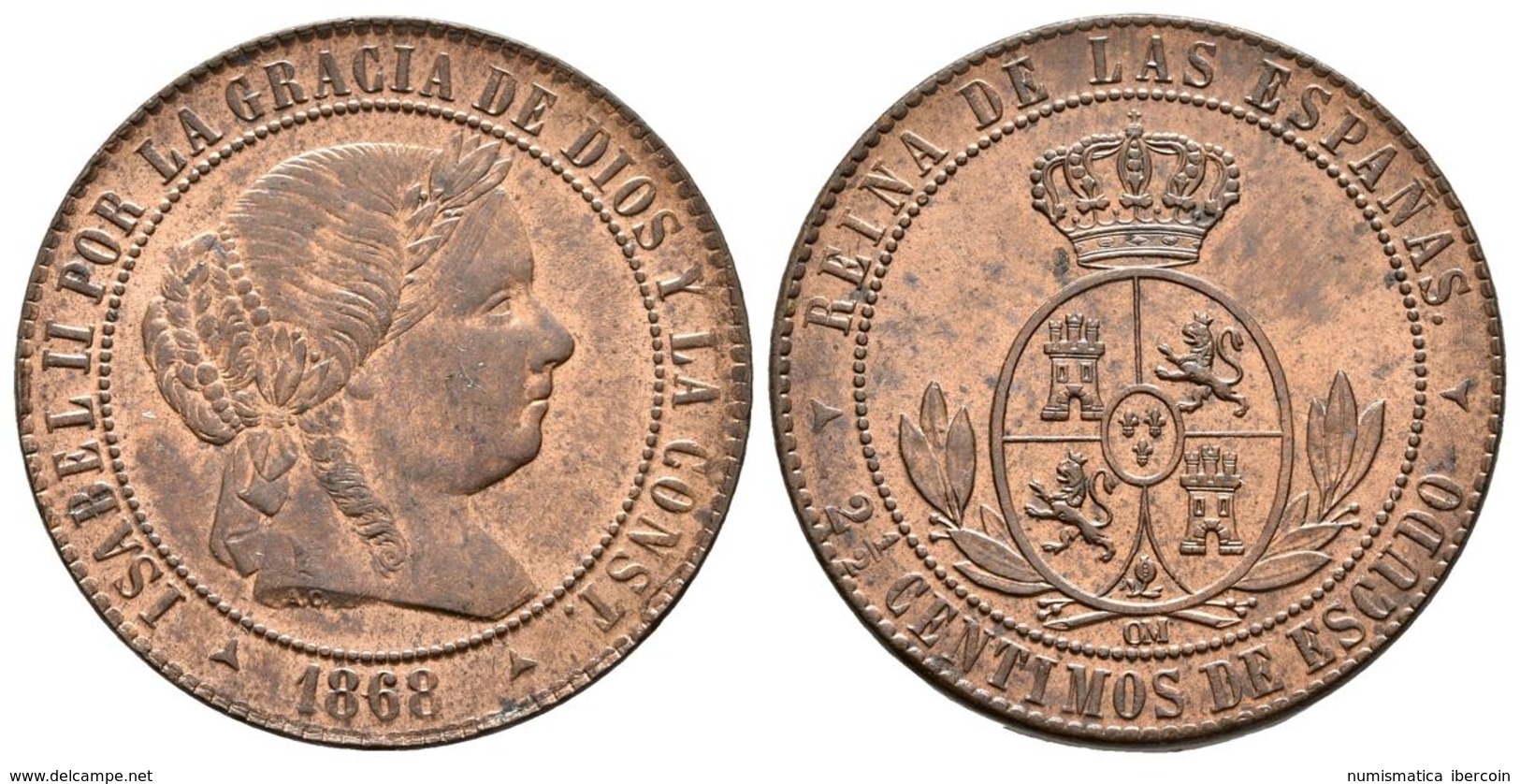ISABEL II. 2 1/2 Céntimos De Escudo. 1868. Segovia OM. Cal-648. Ae. 6,26g. Brillo Original. SC-. - Autres & Non Classés