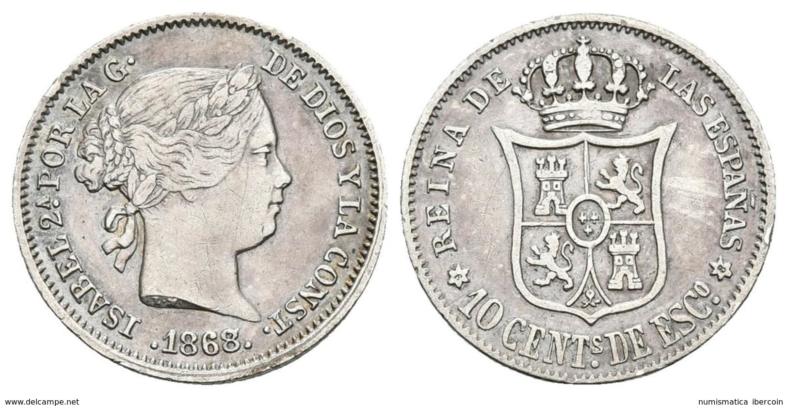 ISABEL II. 10 Céntimos De Escudo. 1868/7 *6-8. Madrid. Cal-448var. Ar. 1,25g. MBC+/MBC. - Autres & Non Classés