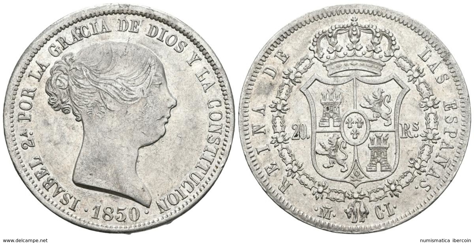 ISABEL II. 20 Reales. 1850. Madrid CL. Cal-170. Ar. 26,09g. Rayitas En Anverso. MBC+. - Otros & Sin Clasificación