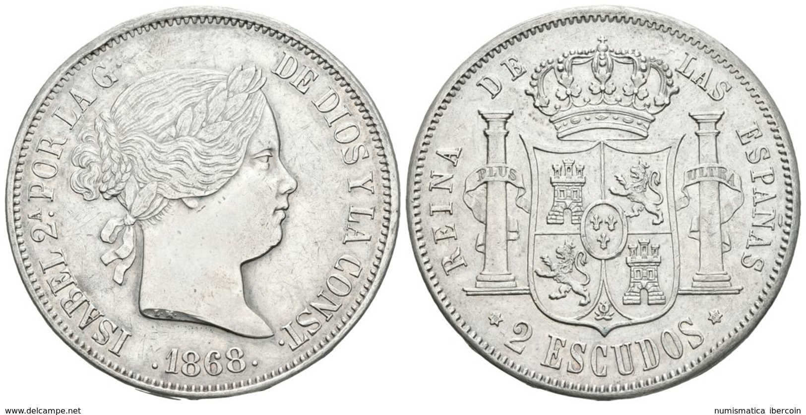 ISABEL II. 2 Escudos. 1868 *18-68. Madrid. Cal-205. Ar. 25,80g. Leve Golpecito En El Canto. EBC-/EBC. - Autres & Non Classés