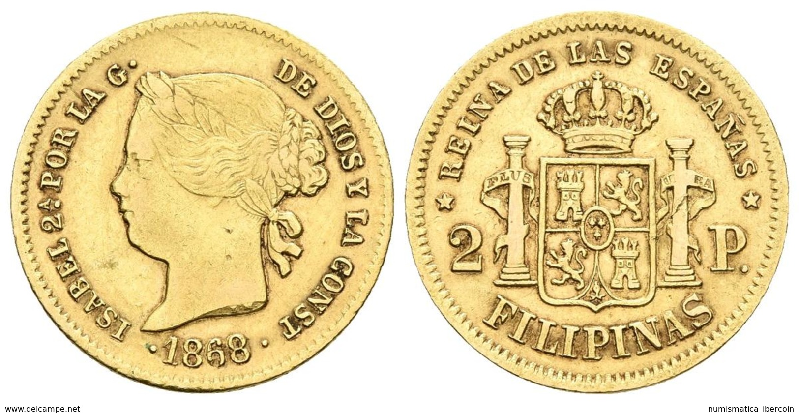 ISABEL II. 2 Pesos. 1868. Manila. Cal-133. Au. 3,35g. MBC. - Autres & Non Classés