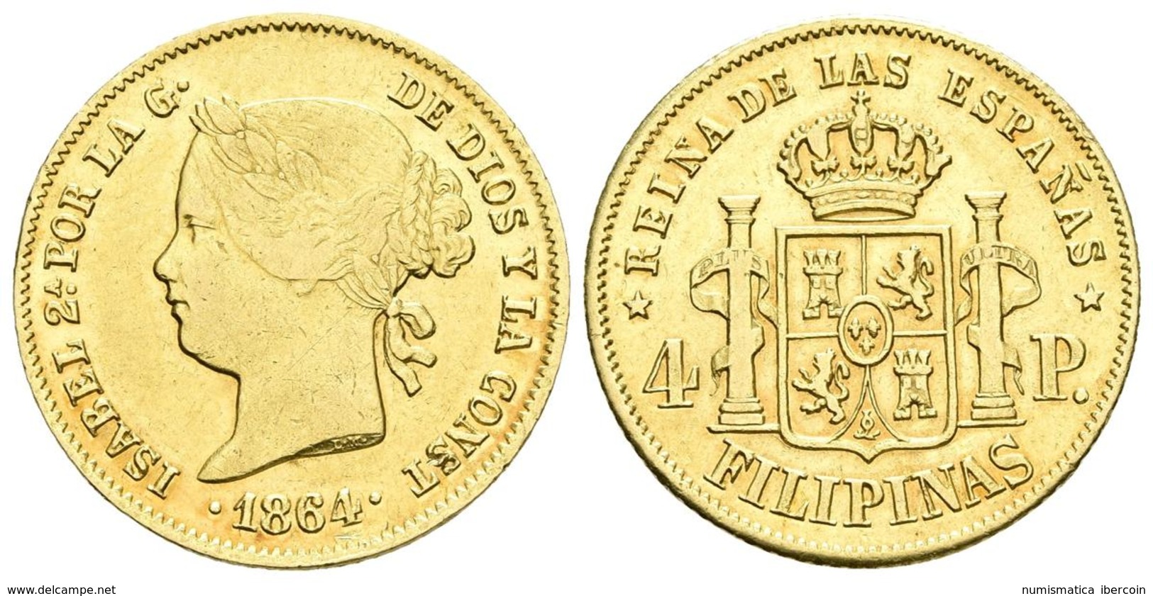 ISABEL II. 4 Pesos. 1864. Manila. Cal-128. Au. 6,77g. Marquitas. MBC-/MBC. - Autres & Non Classés