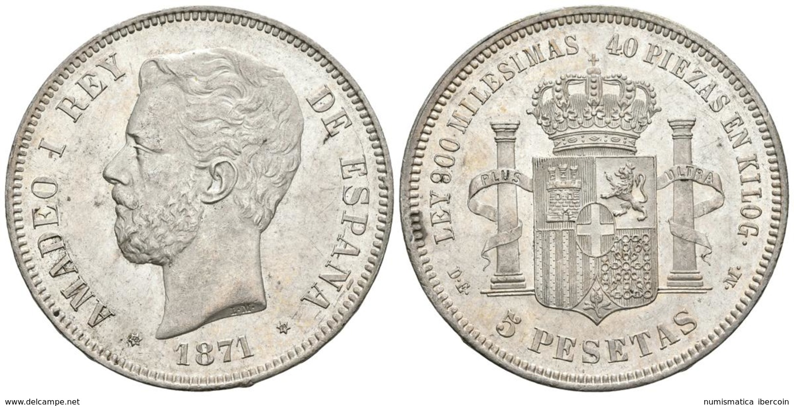 AMADEO I. 5 Pesetas. 1871 *18-74. Madrid DEM. Cal-10. Ar. 24,90g. Conserva Gran Parte De Su Brillo Original, Algunas Mar - Autres & Non Classés