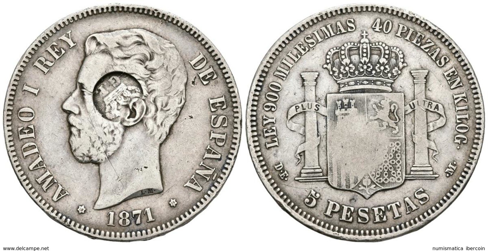 AMADEO I. 5 Pesetas. 1871 *18-74. Madrid DEM. Resello Del Gobierno Portugués, GP Bajo Corona. Aplicado En El Archipiélag - Autres & Non Classés