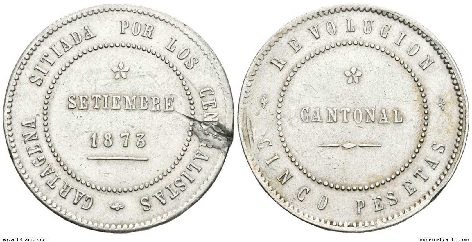 REVOLUCION CANTONAL. 5 Pesetas. 1873. Cartagena. Cal-5. Ar. 28,37g. Golpe En Anverso. MBC+. - Altri & Non Classificati