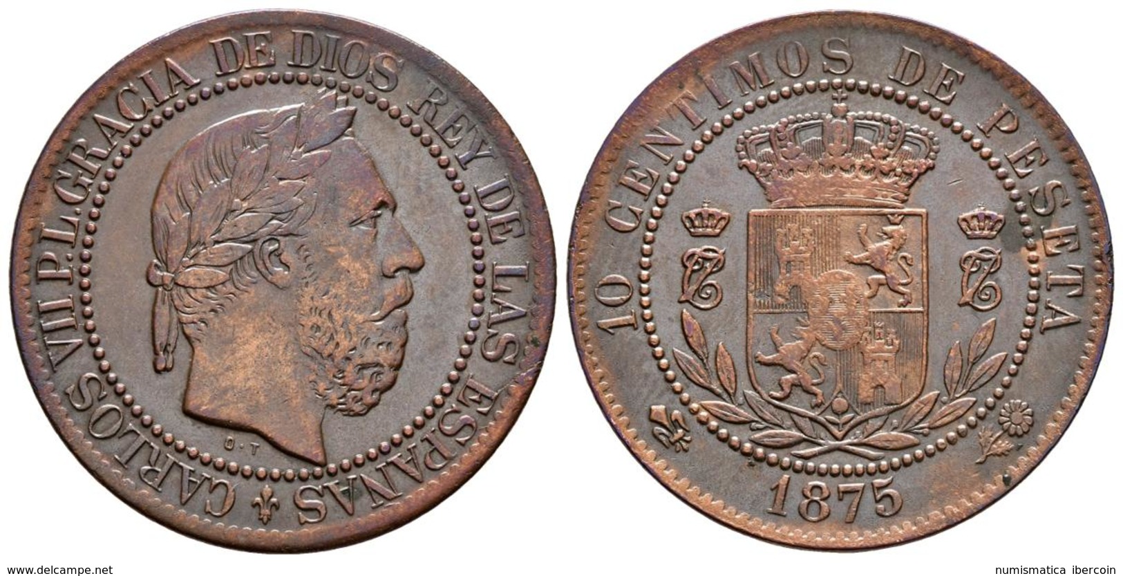 CARLOS VII, Pretendiente. 10 Céntimos. 1875. Oñate. Cal-10. Ae. 9,88g. Precioso Tono Irisado. MBC-. - Autres & Non Classés