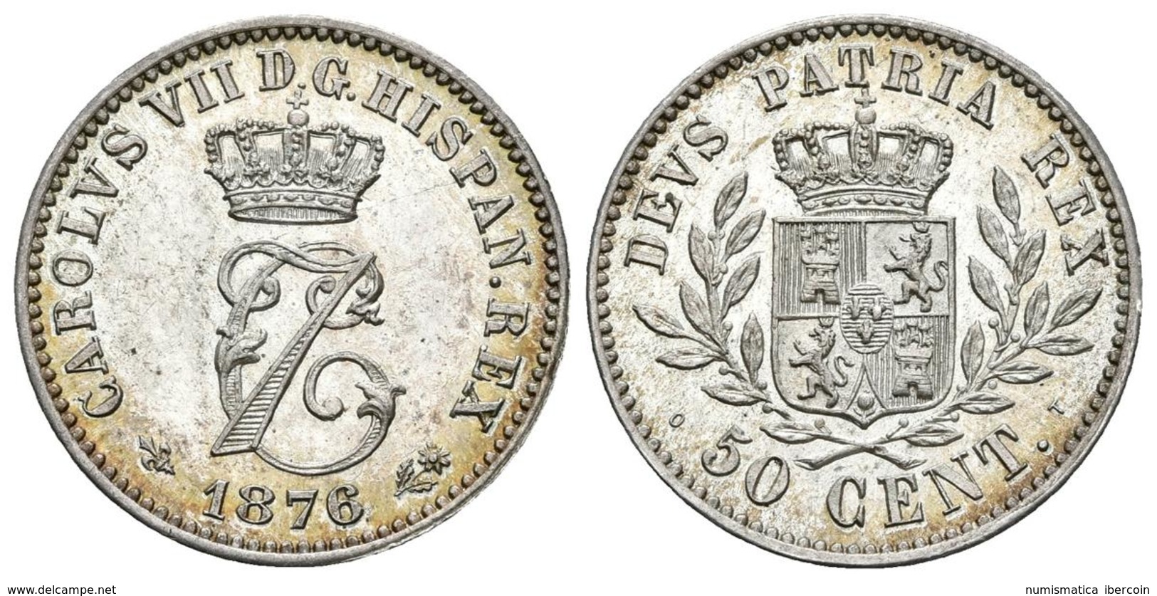 CARLOS VII. 50 Céntimos. 1876. Bruselas. Cal-7. Ar. 2,52g. Brillo Original Y Precioso Tono. SC-. - Other & Unclassified