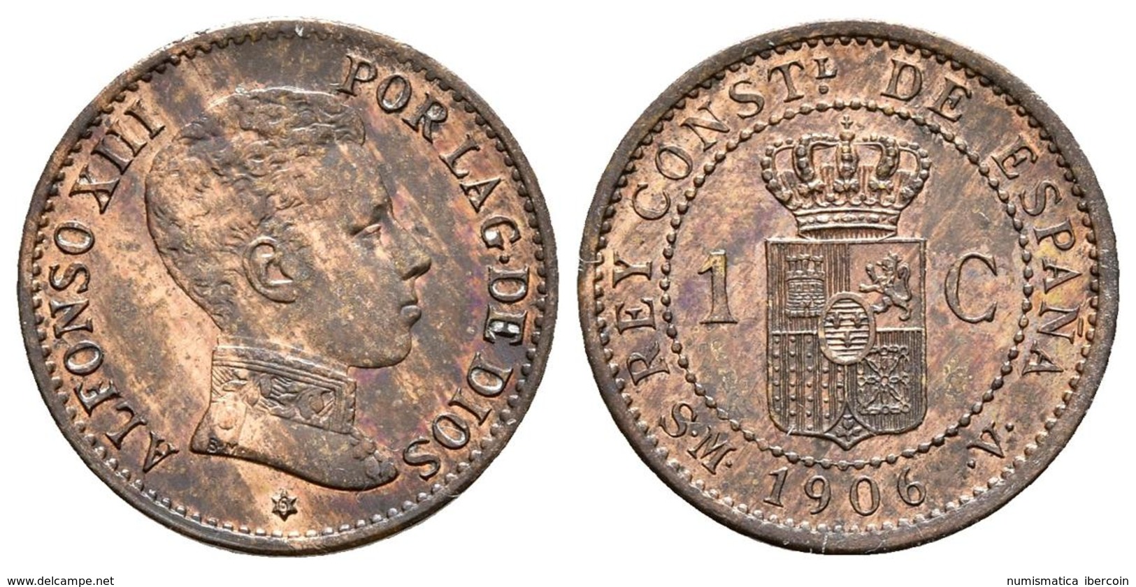 ALFONSO XIII. 1 Céntimo. 1906 *6. Madrid SMV. Cal-76. Ae. 1,00g. Parte De Brillo Original Y Tono. SC-. Rara Y Más Así. - Otros & Sin Clasificación