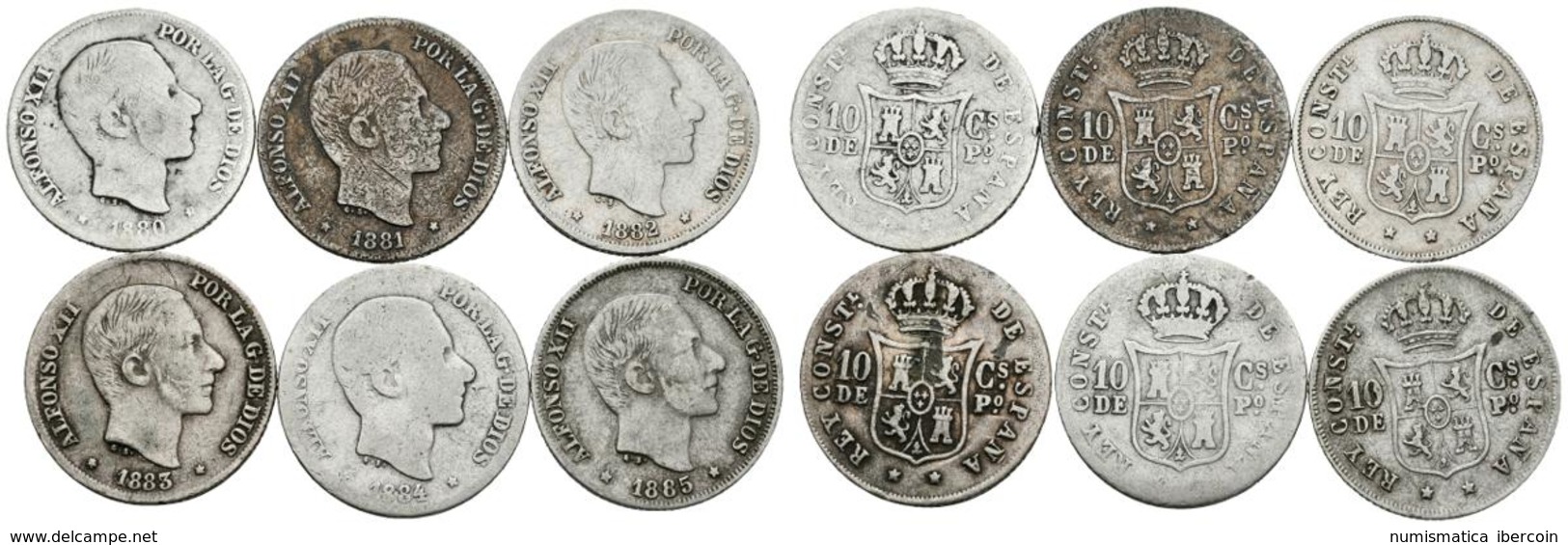 ALFONSO XII. 10 Centavos De Peso. Manila. Serie Completa 1880, 1881, 1882, 1883, 1884 Y 1885. Cal-93/98. Ar. BC-/MBC-. - Autres & Non Classés