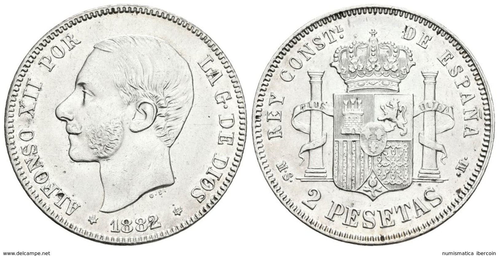 ALFONSO XII. 2 Pesetas. 1882 *18-82. Madrid MSM. Cal-51. Ar. 9,98g. EBC/EBC-. - Autres & Non Classés