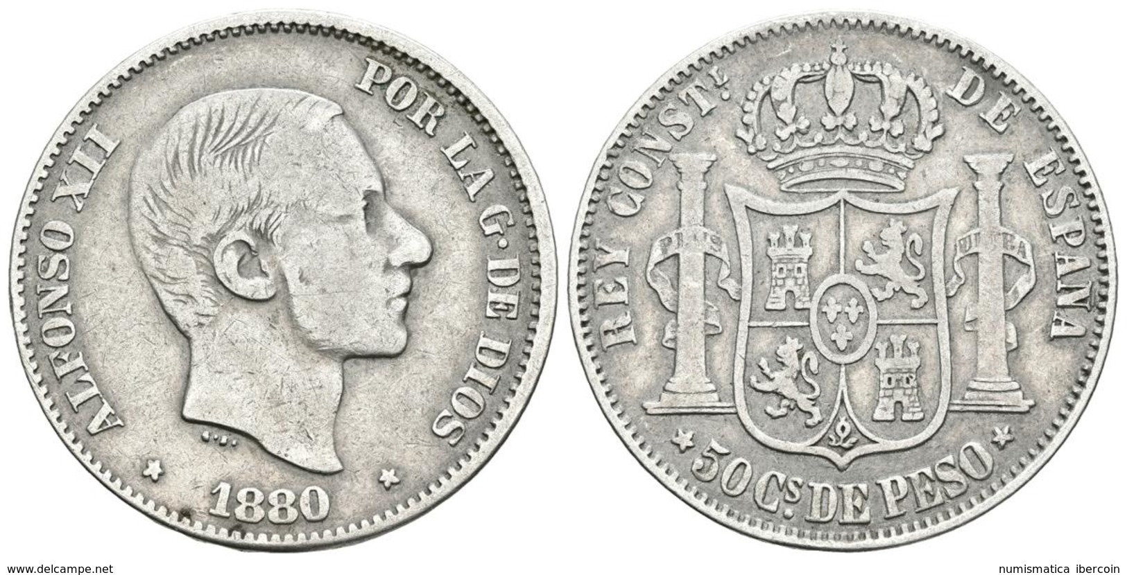 ALFONSO XII. 50 Centavos De Peso. 1880. Manila. Cal-78. Ar. 12,80g. MBC-. Rara. - Otros & Sin Clasificación