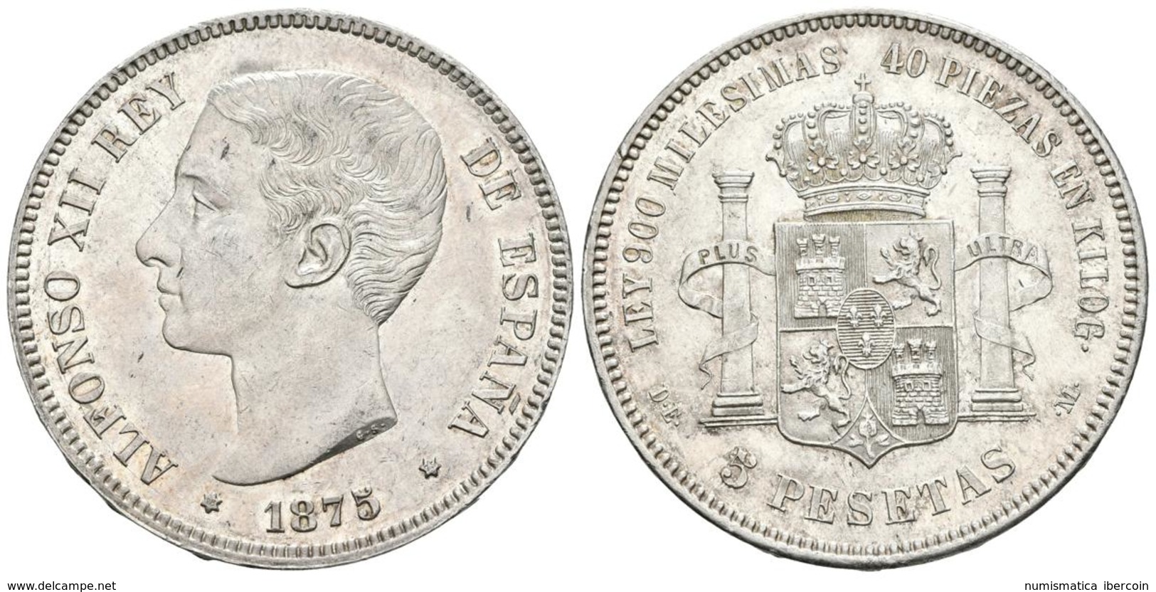 ALFONSO XII. 5 Pesetas. 1875 *18-75. Madrid DEM. Cal-12. Ae. 24,98g. Bella. Algunas Marquitas. EBC/EBC-. - Autres & Non Classés