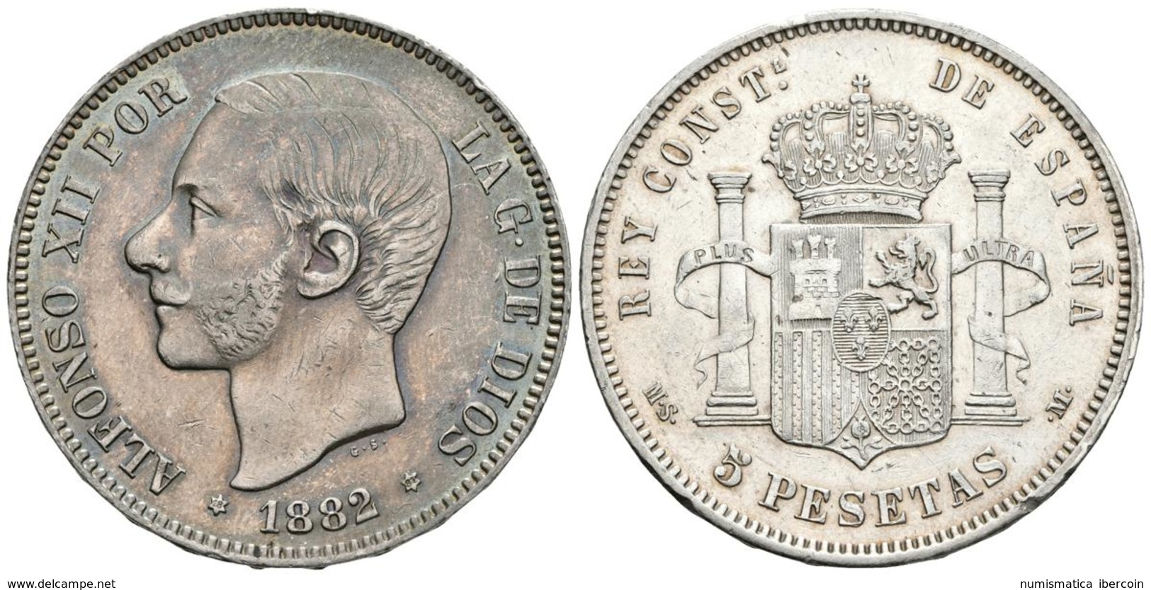 ALFONSO XII. 5 Pesetas. 1882 *18-82. Madrid MSM. Cal-36. Ae. 24,91g. Preciosa Pátina. MBC. - Otros & Sin Clasificación