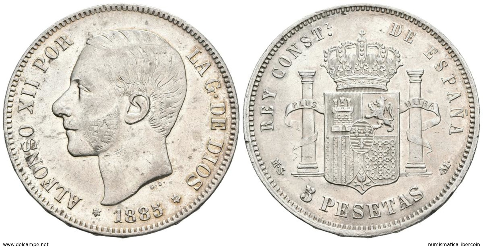 ALFONSO XII. 5 Pesetas. 1885 *18-86. Madrid MSM. Cal-41. Ar. 24,75g. MBC+. - Autres & Non Classés