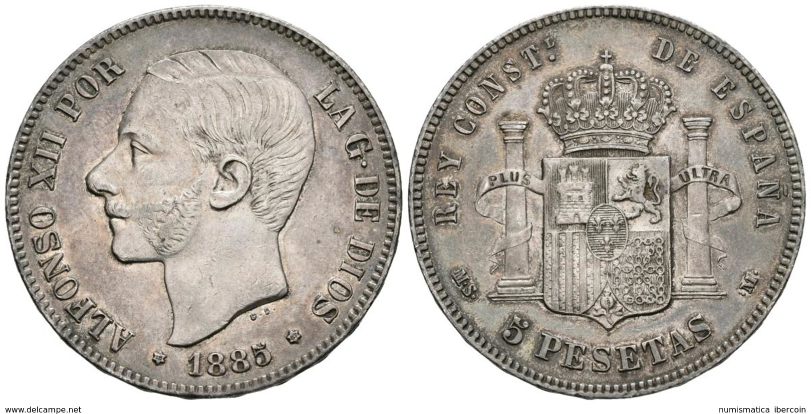 ALFONSO XII. 5 Pesetas. 1885 *18-87. Madrid MSM. Cal-42. Ae. 24,87g. Preciosa Pátina. EBC. - Otros & Sin Clasificación