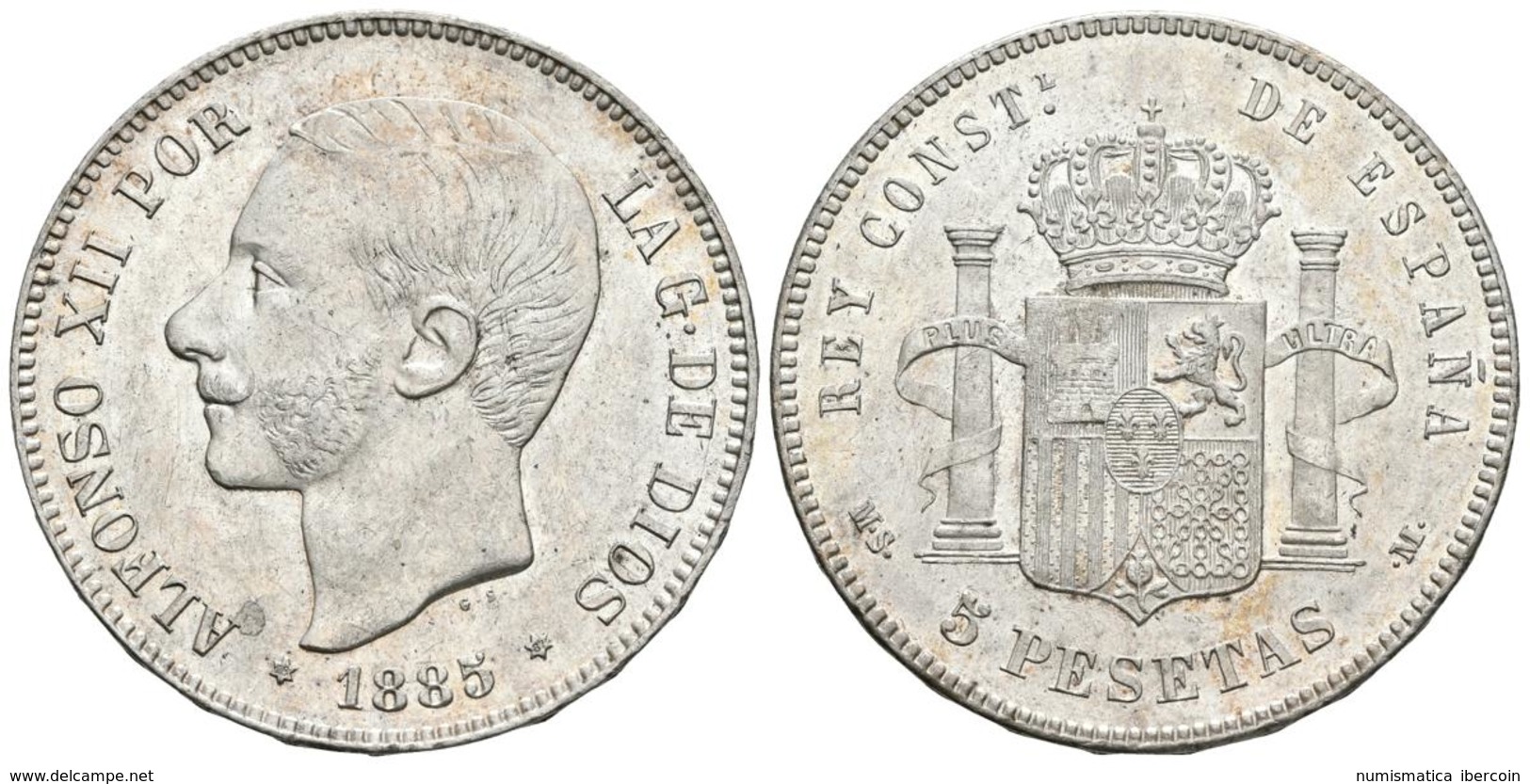 ALFONSO XII. 5 Pesetas. 1885 *18-87. Madrid MSM. Cal-79. Ar. 24,91g. Brillo Original. EBC. - Otros & Sin Clasificación