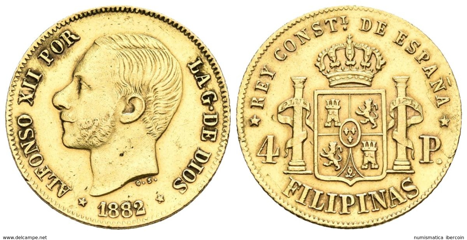 ALFONSO XII. 4 Pesos. 1882. Manila. Cal-76. Au. 6,77g. Estuvo Montada En Aro. MBC+. Muy Rara. - Autres & Non Classés