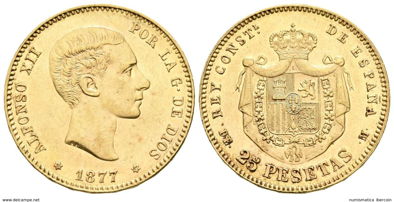 ALFONSO XII. 25 Pesetas. 1877 *18-77. Madrid DEM. Cal-3. Au. 8,06g. EBC. - Otros & Sin Clasificación