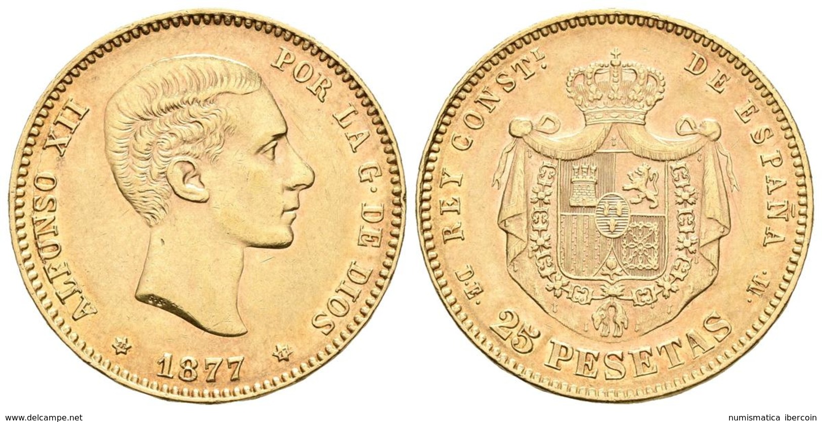 ALFONSO XII. 25 Pesetas. 1877 *18-77. Madrid DEM. Cal-3. Au. 8,06g. MBC+/EBC-. - Otros & Sin Clasificación